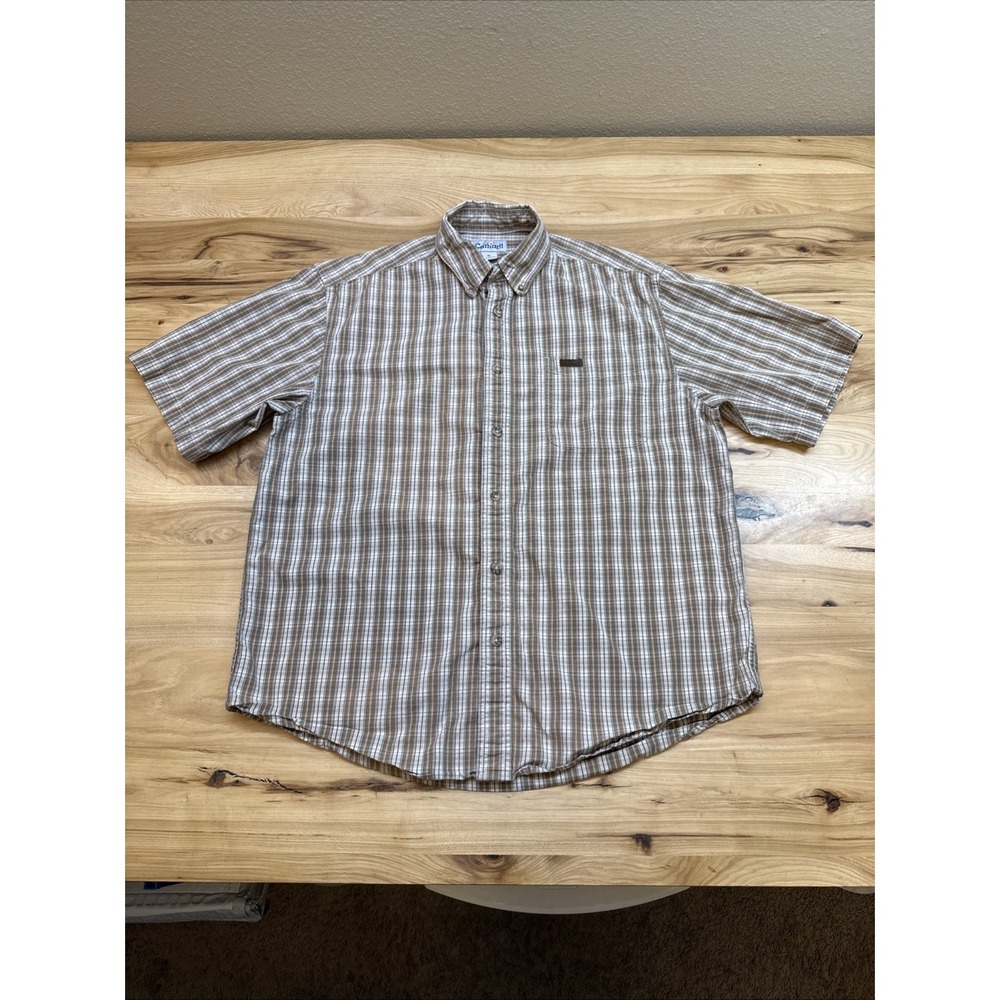 Carhartt S114 Men's Green Plaid Button Up Short Sleeve Shirt Size Medium